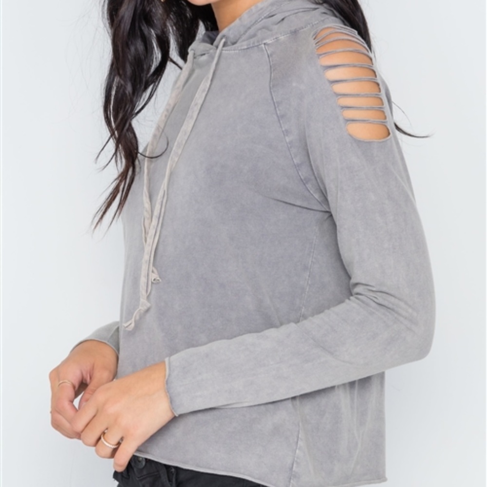 Grey Stonewash Laser Cut Shoulders Sweater